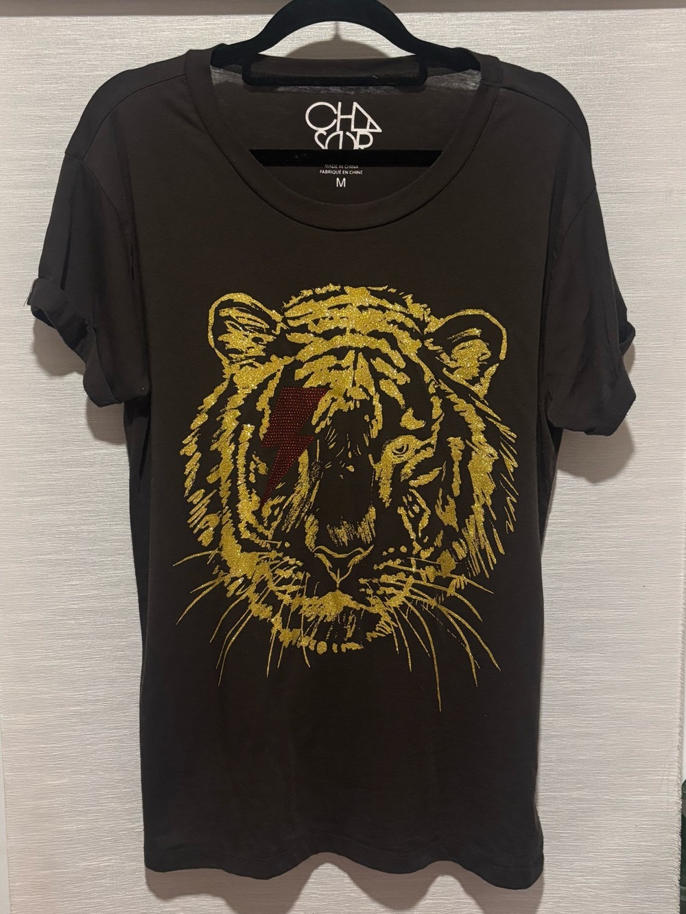 Chaser Black Tee with Gold Tiger and Red Lightning Accent